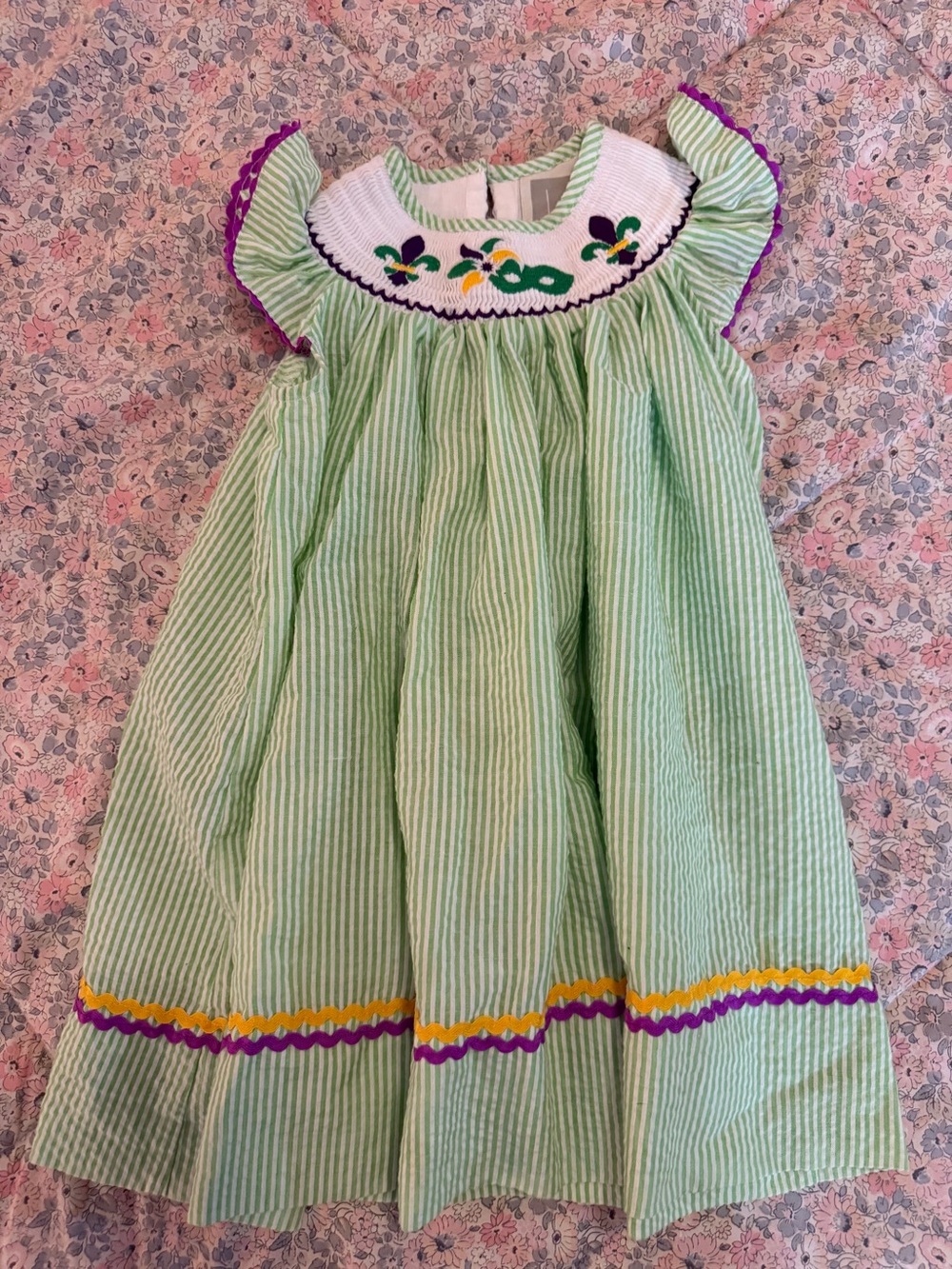 Mardi Gras Girls Light Green Seersucker Smocked Dress with Purple & Yellow Trim